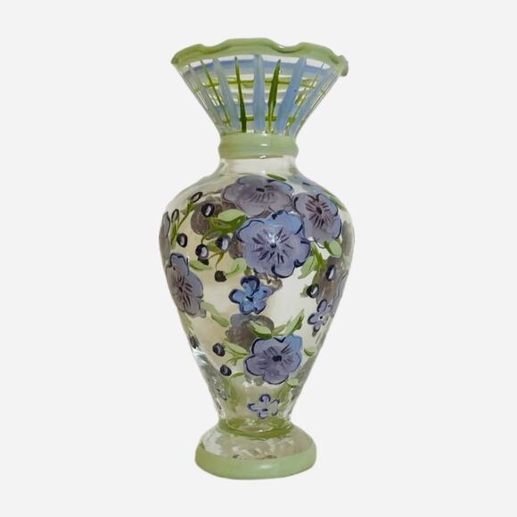 Vintage TRACY PORTER Hand-Painted Glass Bud Vase Purple Flowers Ruffled Rim 6.5” - Picture 9 of 10